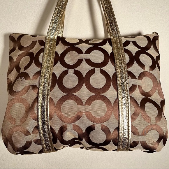 Coach Poppy Gold and Khaki Large Tote with Brilliant Blue Lining - Picture 4 of 15